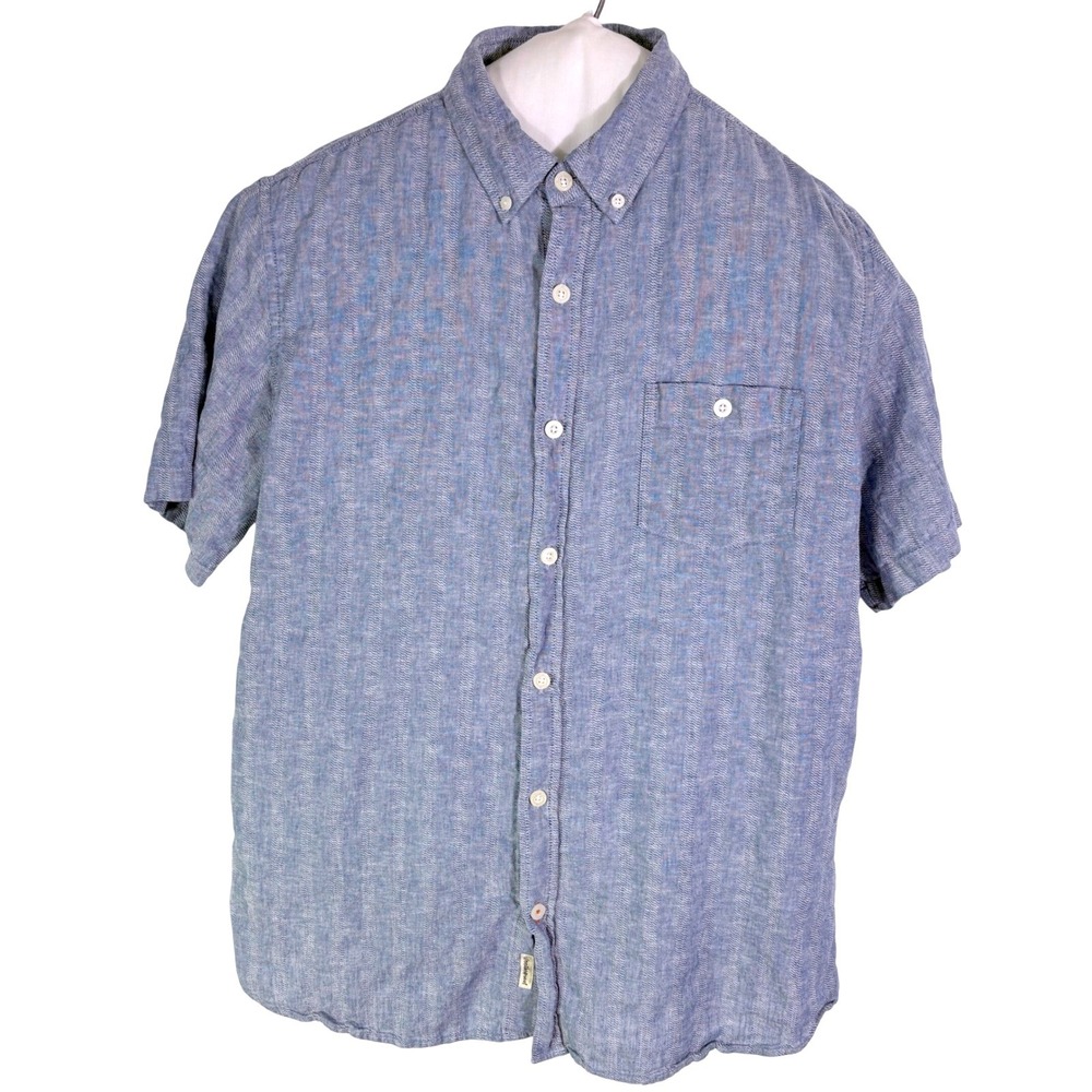 Weatherproof Vintage Linen Button Down Shirt Men's L Blue Short Sleeve Collared